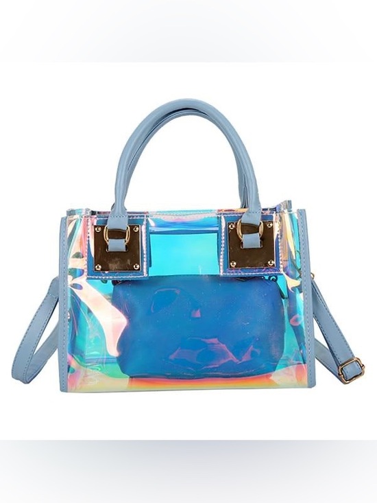 Source Unknown Handbags - Iridescent Holographic on a transparency + Sky Blue PVC Tote Bag & Pouch.